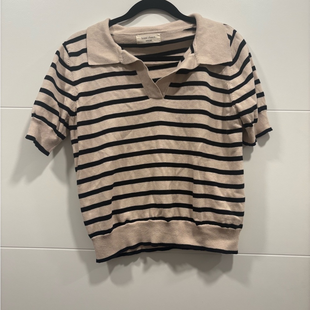 Korean 100% Cotton Knit Striped Collared Short Sleeve Top